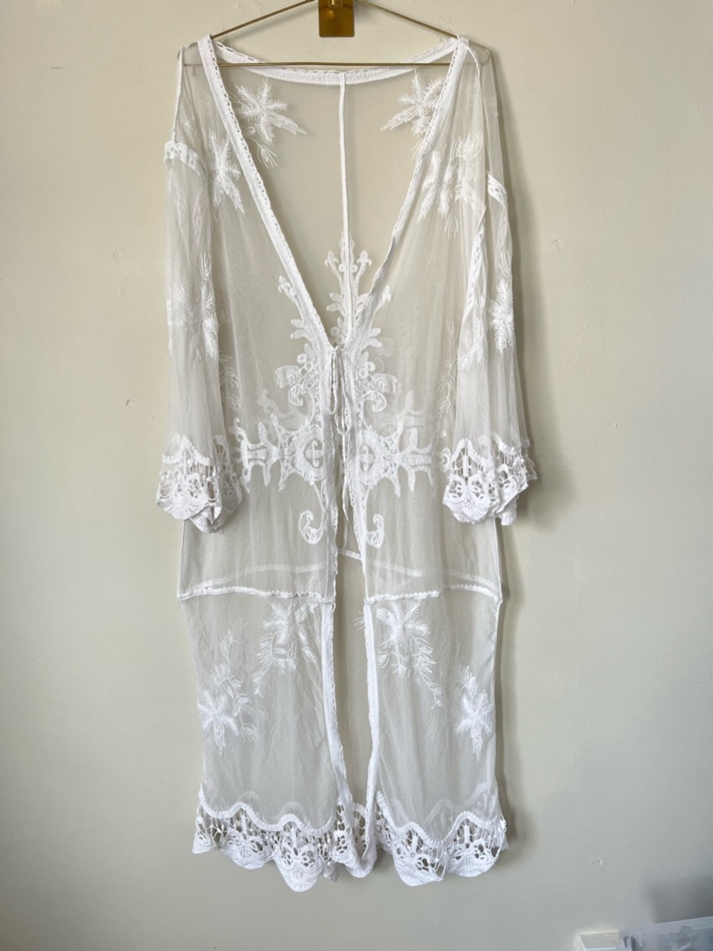 Festival bohemian Sheer White Embroidered Lace Kimono Cover-Up one size